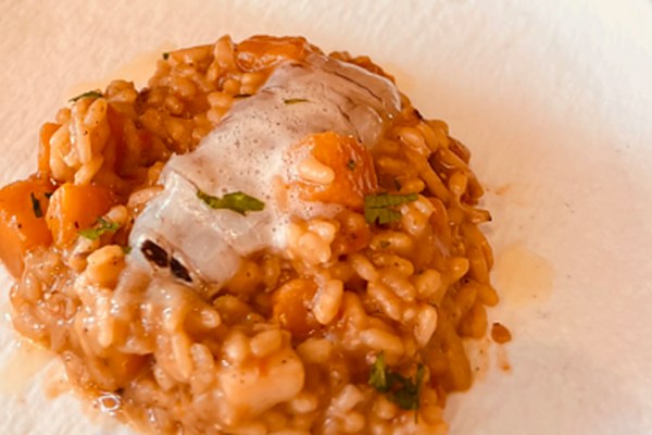 Arroz meloso de galeras de Peñíscola, calabaza y Flor de Taronger
